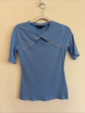 INC Blue Ribbed Short Sleeve Top with Gold Stud Accents
